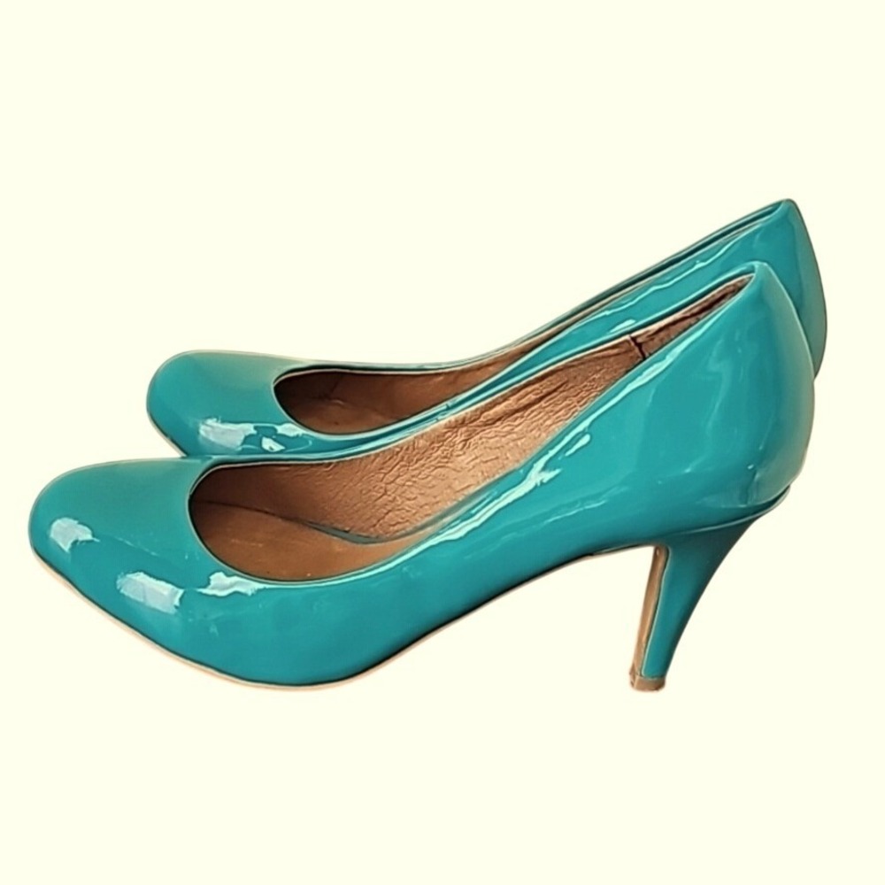 Aldo Women Teal Patent Leather Round Toe Stiletto Pumps Heels Turquoise Glossy 8